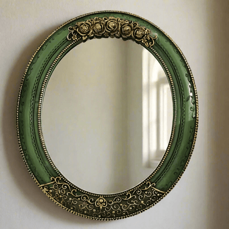 Antique Green Oval Wall Mirror with Ornate Gold Detailing-Mirror-Parc Decor