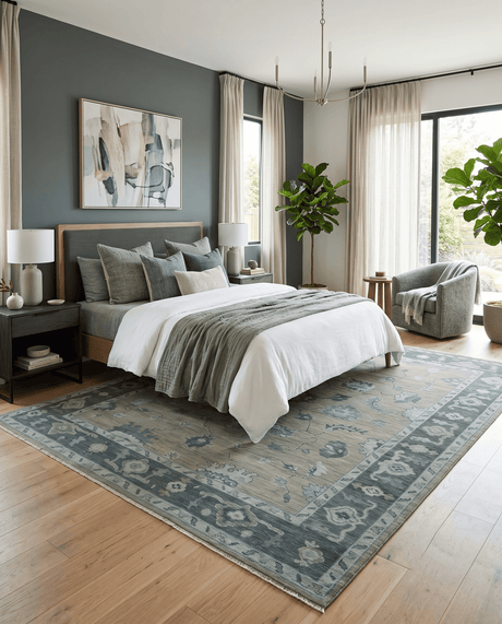 Antique Hand Knotted Beige, Charcoal and Silver Traditional Oushak wool Area Rug