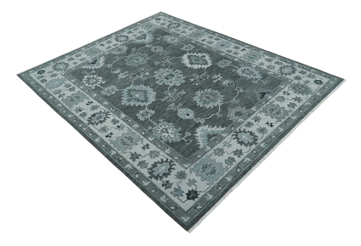 Antique Hand Knotted Charcoal and Silver Traditional Oushak Wool Area Rug