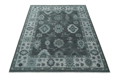 Antique Hand Knotted Charcoal and Silver Traditional Oushak Wool Area Rug