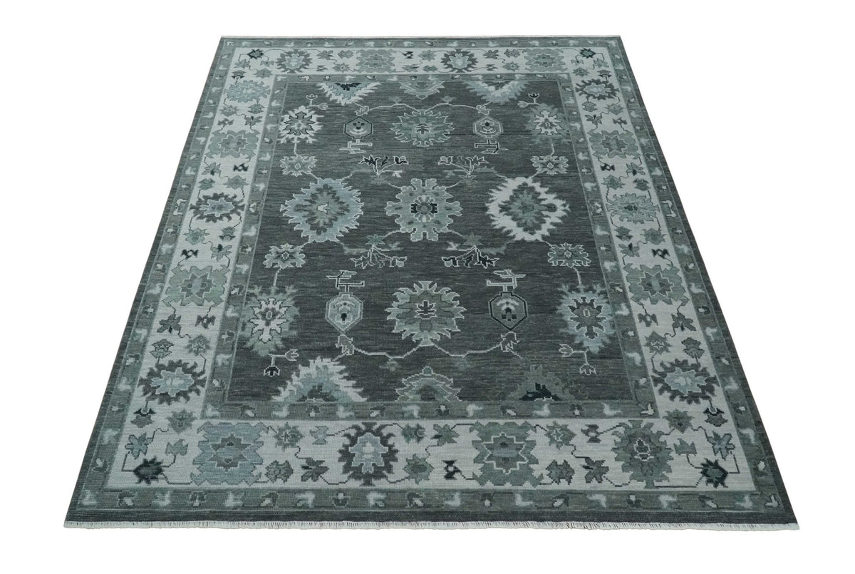 Antique Hand Knotted Charcoal and Silver Traditional Oushak Wool Area Rug