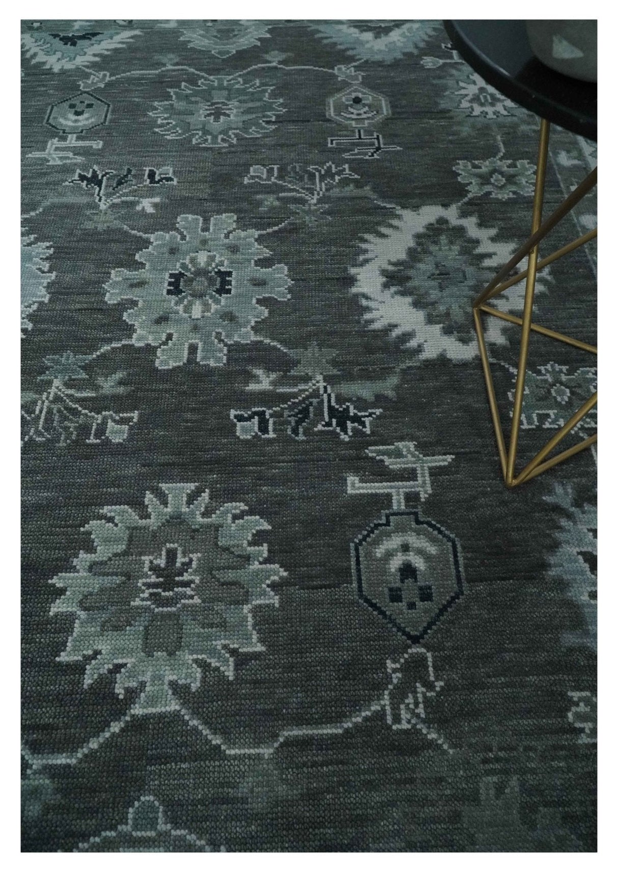 Antique Hand Knotted Charcoal and Silver Traditional Oushak Wool Area Rug