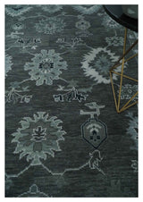 Antique Hand Knotted Charcoal and Silver Traditional Oushak Wool Area Rug