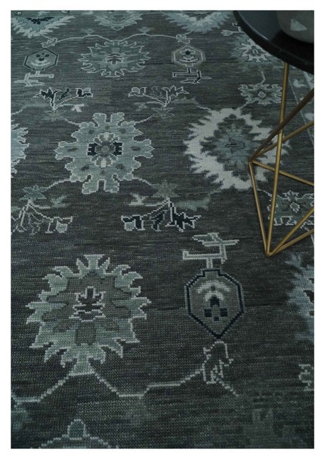 Antique Hand Knotted Charcoal and Silver Traditional Oushak Wool Area Rug