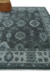 Antique Hand Knotted Charcoal and Silver Traditional Oushak Wool Area Rug