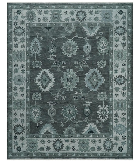 Antique Hand Knotted Charcoal and Silver Traditional Oushak Wool Area Rug