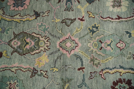 Antique Hand Knotted Green and Pink Traditional Oushak Multi Size Wool Area Rug