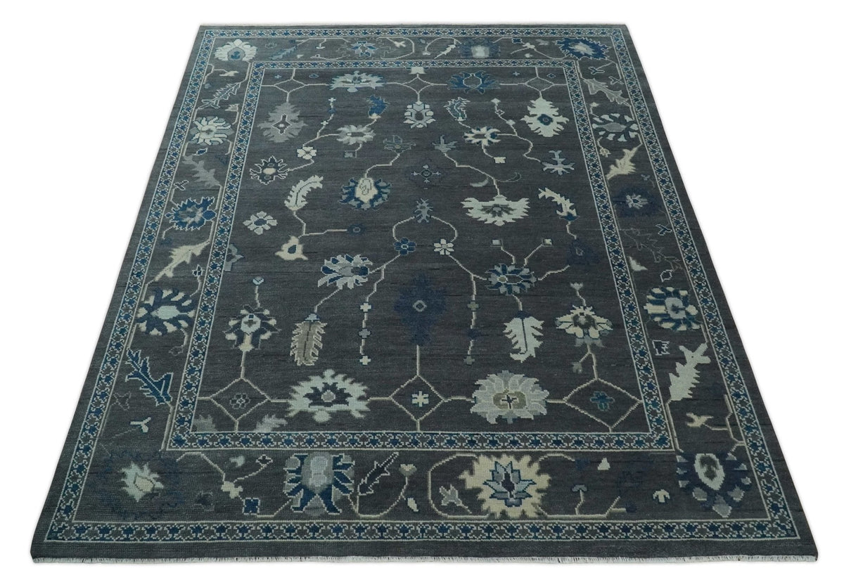 Antique Hand Knotted Oushak Charcoal and Blue Traditional Area Rug