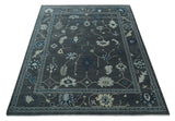 Antique Hand Knotted Oushak Charcoal and Blue Traditional Area Rug
