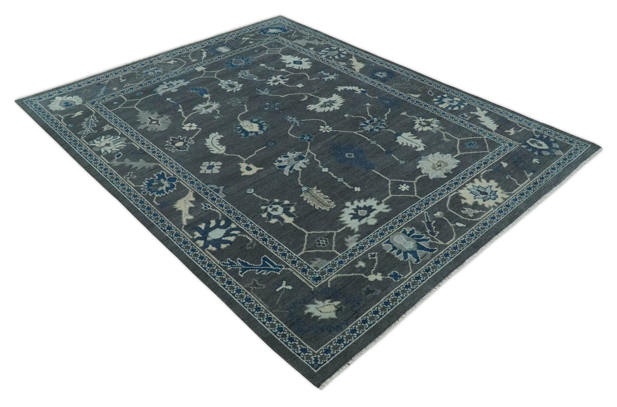 Antique Hand Knotted Oushak Charcoal and Blue Traditional Area Rug