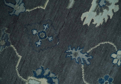 Antique Hand Knotted Oushak Charcoal and Blue Traditional Area Rug