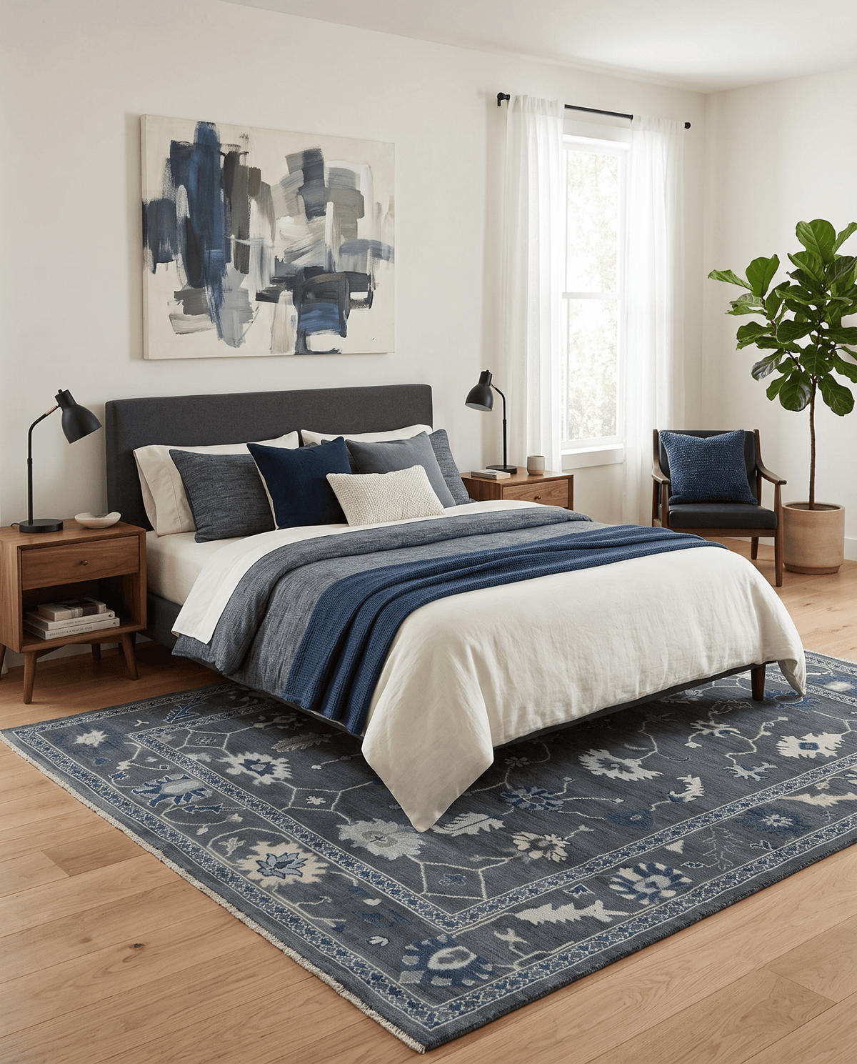 Antique Hand Knotted Oushak Charcoal and Blue Traditional Area Rug