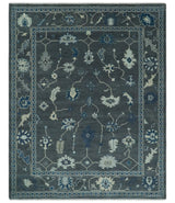 Antique Hand Knotted Oushak Charcoal and Blue Traditional Area Rug