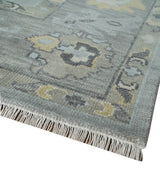 Antique Hand Knotted Silver and Charcoal Traditional Floral Oushak Wool Area Rug