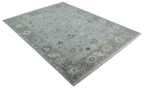 Antique Hand Knotted Silver and Charcoal Traditional Floral Oushak Wool Area Rug