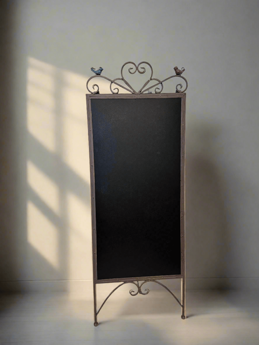 Antique Iron Chalkboard Easel with Heart Scroll and Birds-Chalkboard-Parc Decor