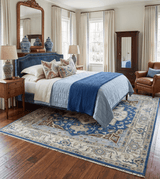 Antique look Blue, Ivory and Olive Traditional Heriz Medallion Multi Size wool Area Rug