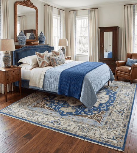 Antique look Blue, Ivory and Olive Traditional Heriz Medallion Multi Size wool Area Rug