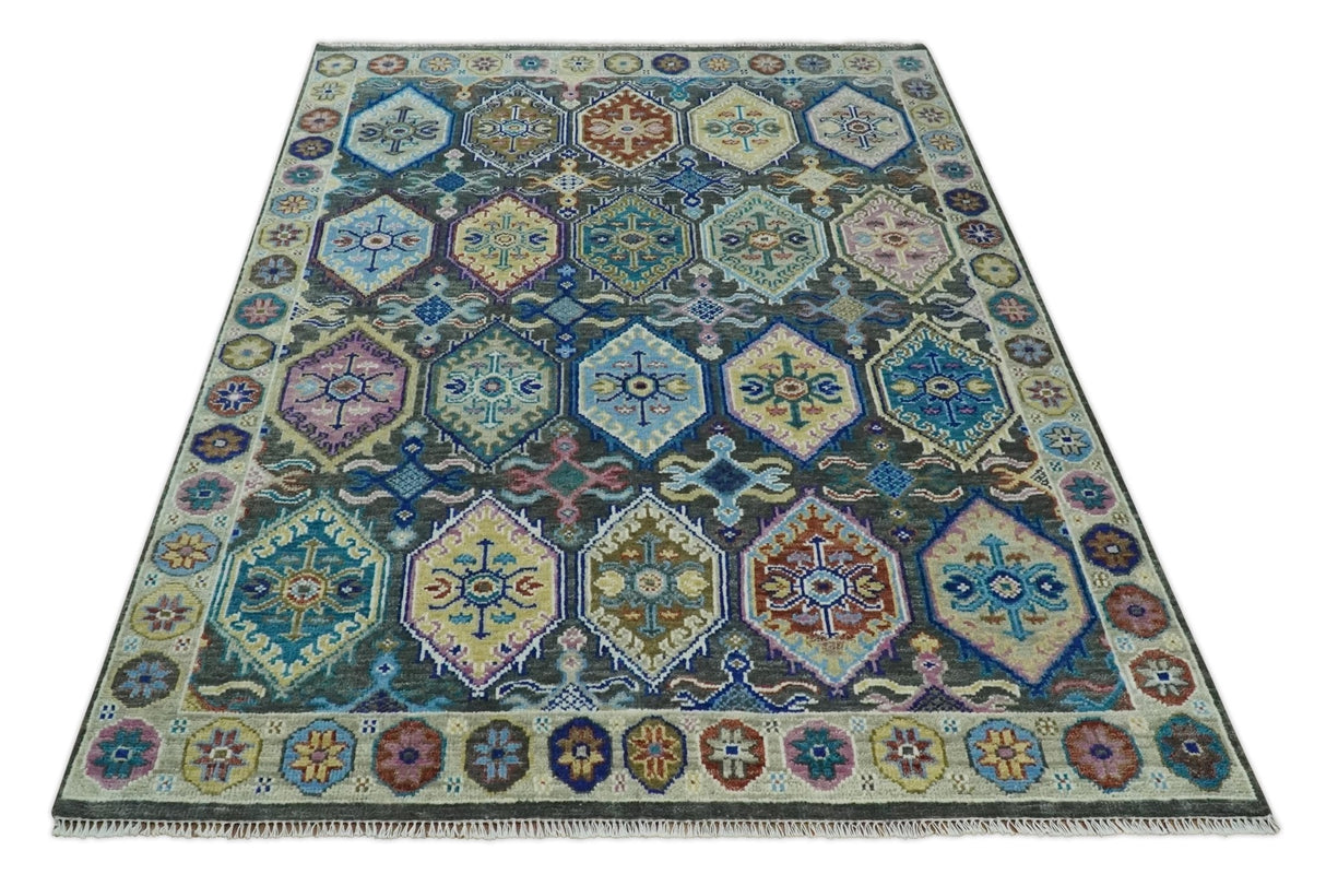 Antique look Charcoal And beige Hand knotted Custom Made wool Area Rug