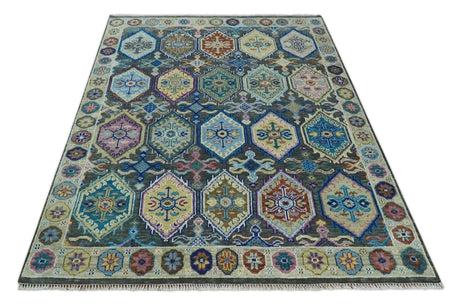Antique look Charcoal And beige Hand knotted Custom Made wool Area Rug