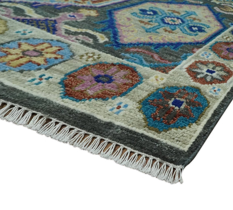 Antique look Charcoal And beige Hand knotted Custom Made wool Area Rug