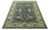 Antique look Charcoal, Ivory and Olive Hand Knotted Traditional Oriental Oushak wool rug