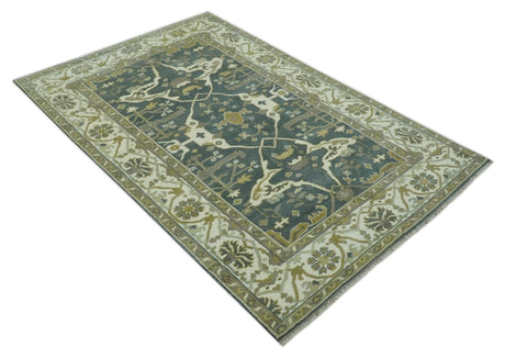Antique look Charcoal, Ivory and Olive Hand Knotted Traditional Oriental Oushak wool rug