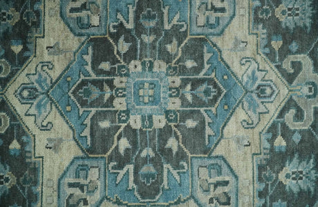 Antique look Hand Knotted Beige and Blue Traditional Heriz Wool Area Rug