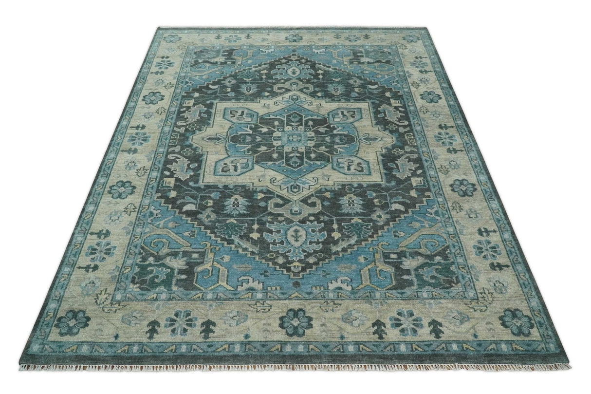 Antique look Hand Knotted Beige and Blue Traditional Heriz Wool Area Rug