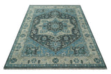 Antique look Hand Knotted Beige and Blue Traditional Heriz Wool Area Rug