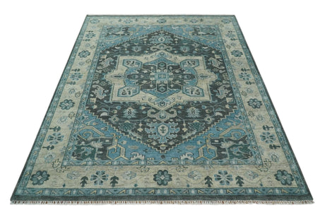 Antique look Hand Knotted Beige and Blue Traditional Heriz Wool Area Rug