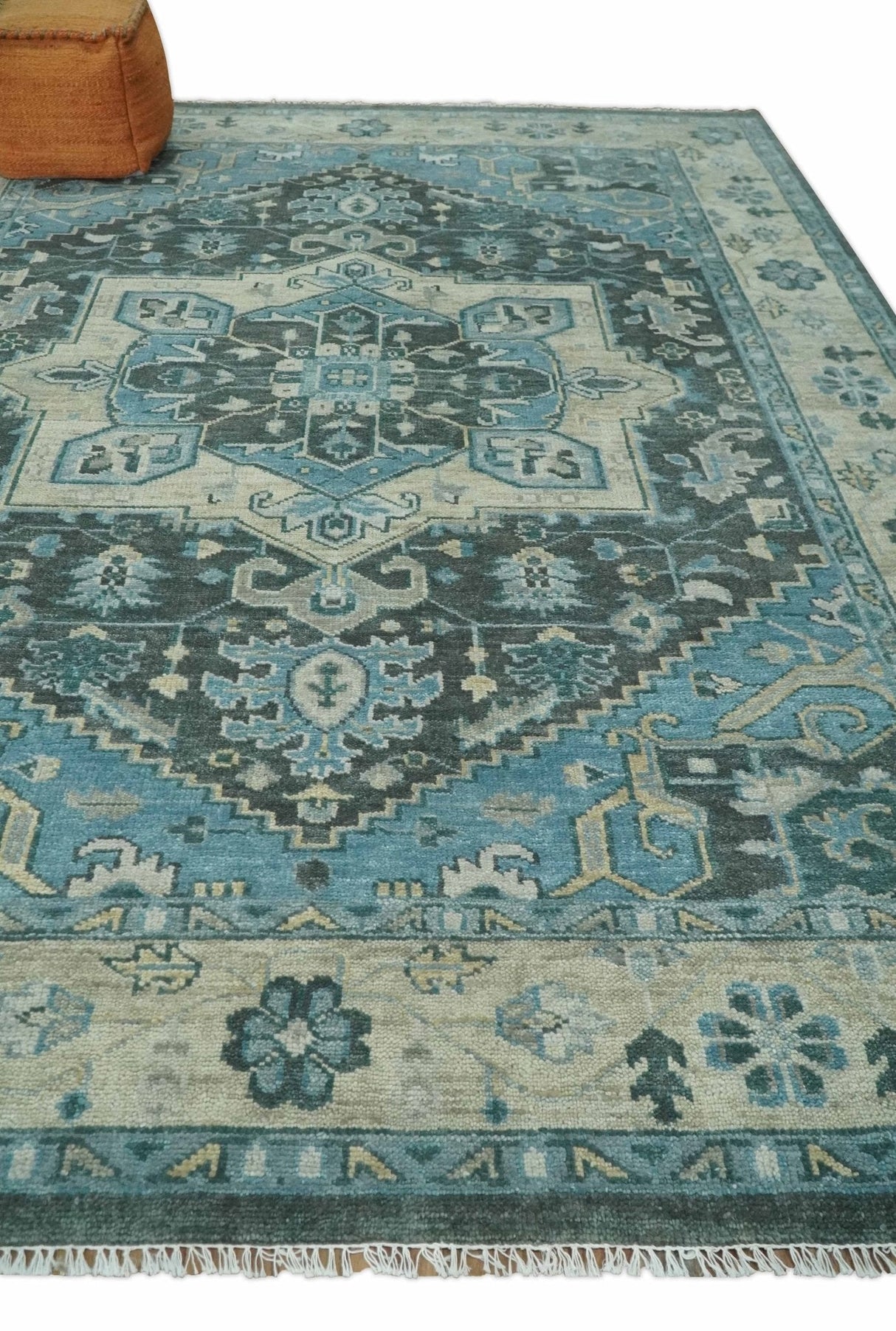 Antique look Hand Knotted Beige and Blue Traditional Heriz Wool Area Rug