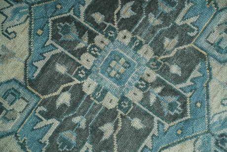 Antique look Hand Knotted Beige and Blue Traditional Heriz Wool Area Rug