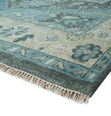 Antique look Hand Knotted Beige and Blue Traditional Heriz Wool Area Rug