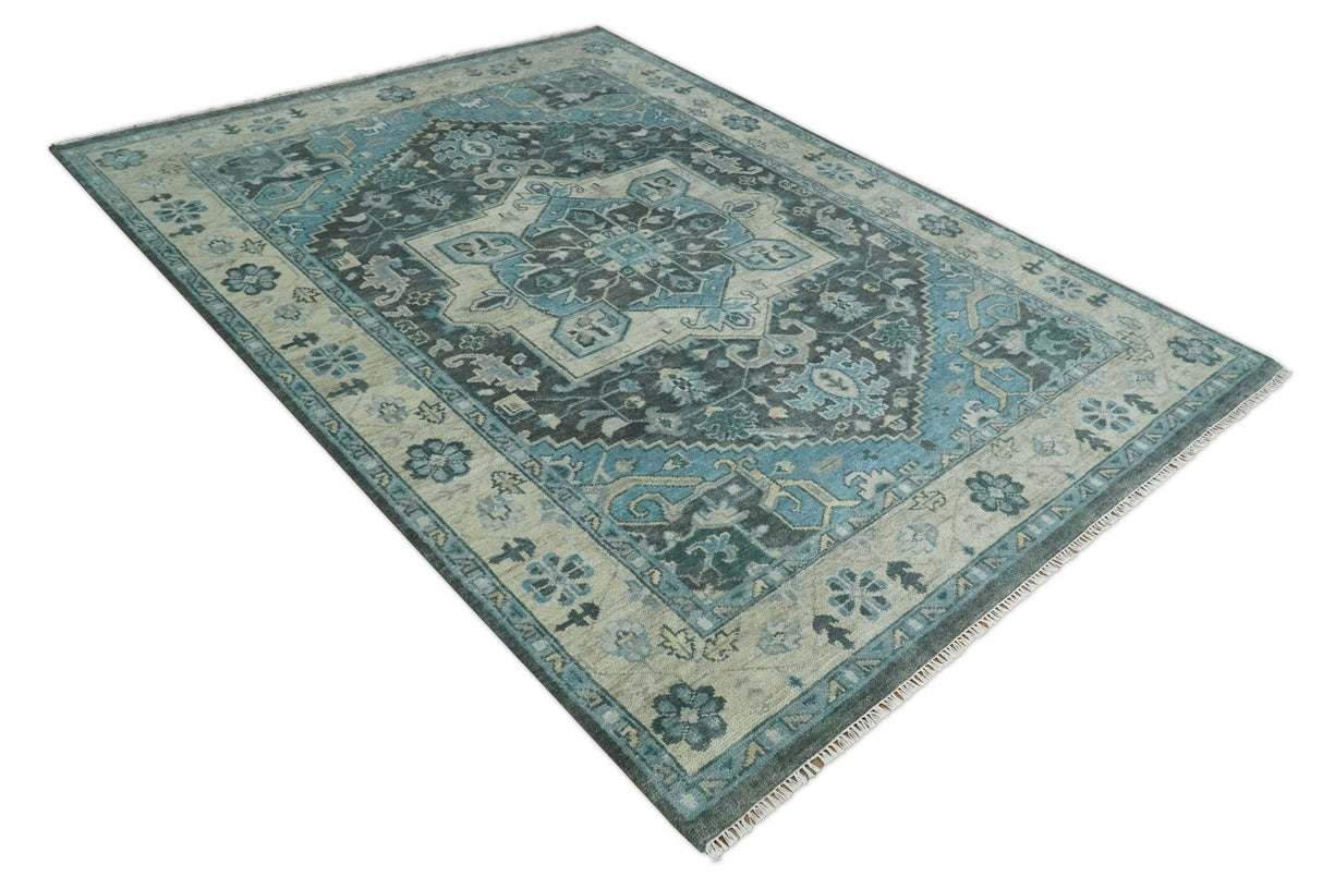 Antique look Hand Knotted Beige and Blue Traditional Heriz Wool Area Rug