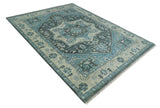 Antique look Hand Knotted Beige and Blue Traditional Heriz Wool Area Rug