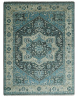 Antique look Hand Knotted Beige and Blue Traditional Heriz Wool Area Rug