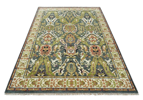 Antique look Hand knotted Green and Gray Traditional Large design wool Area Rug