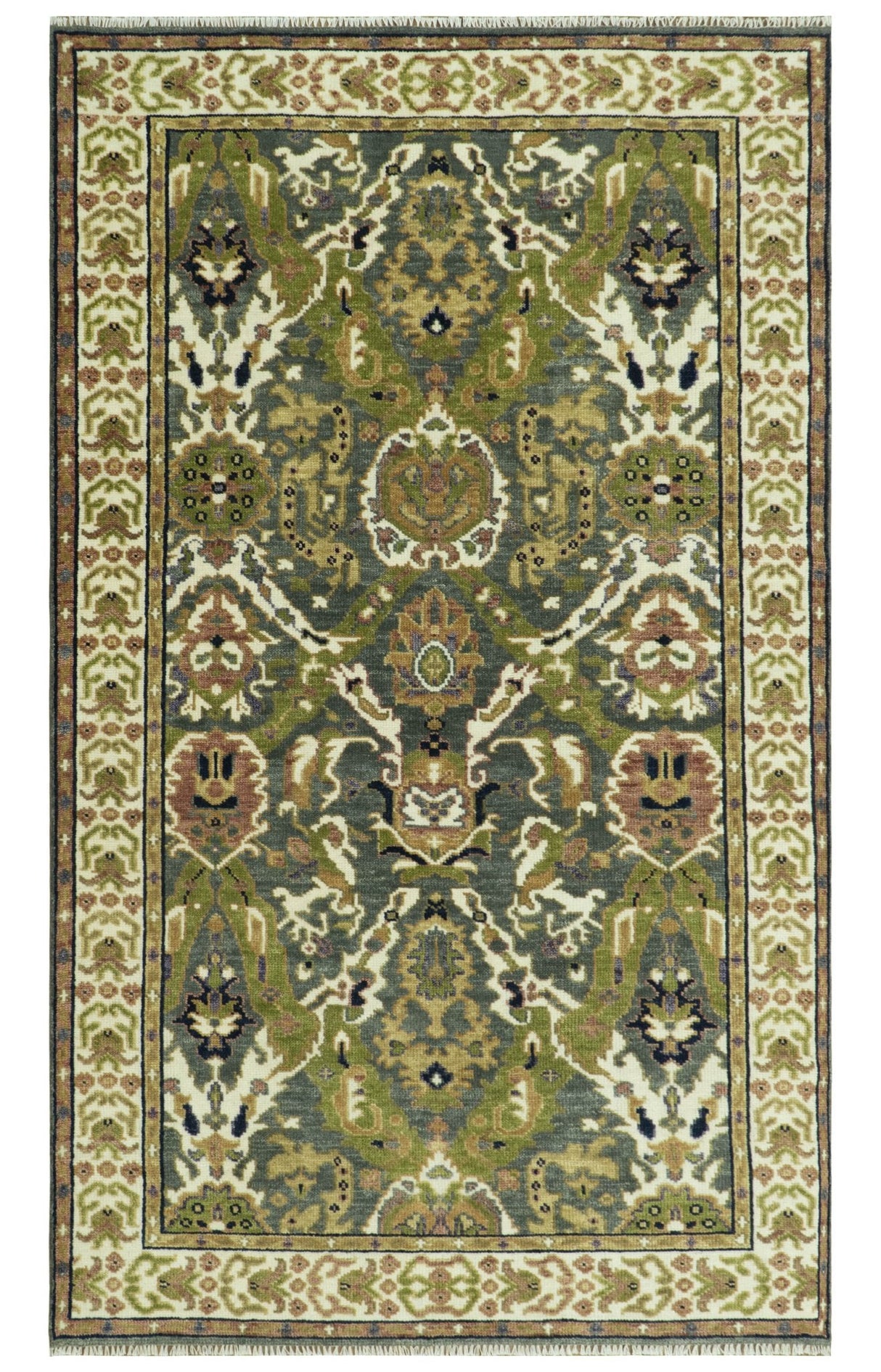Antique look Hand knotted Green and Gray Traditional Large design wool Area Rug