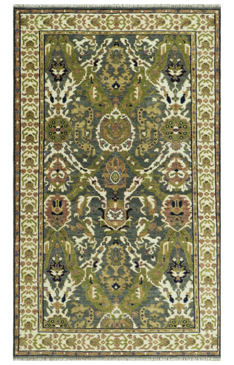 Antique look Hand knotted Green and Gray Traditional Large design wool Area Rug
