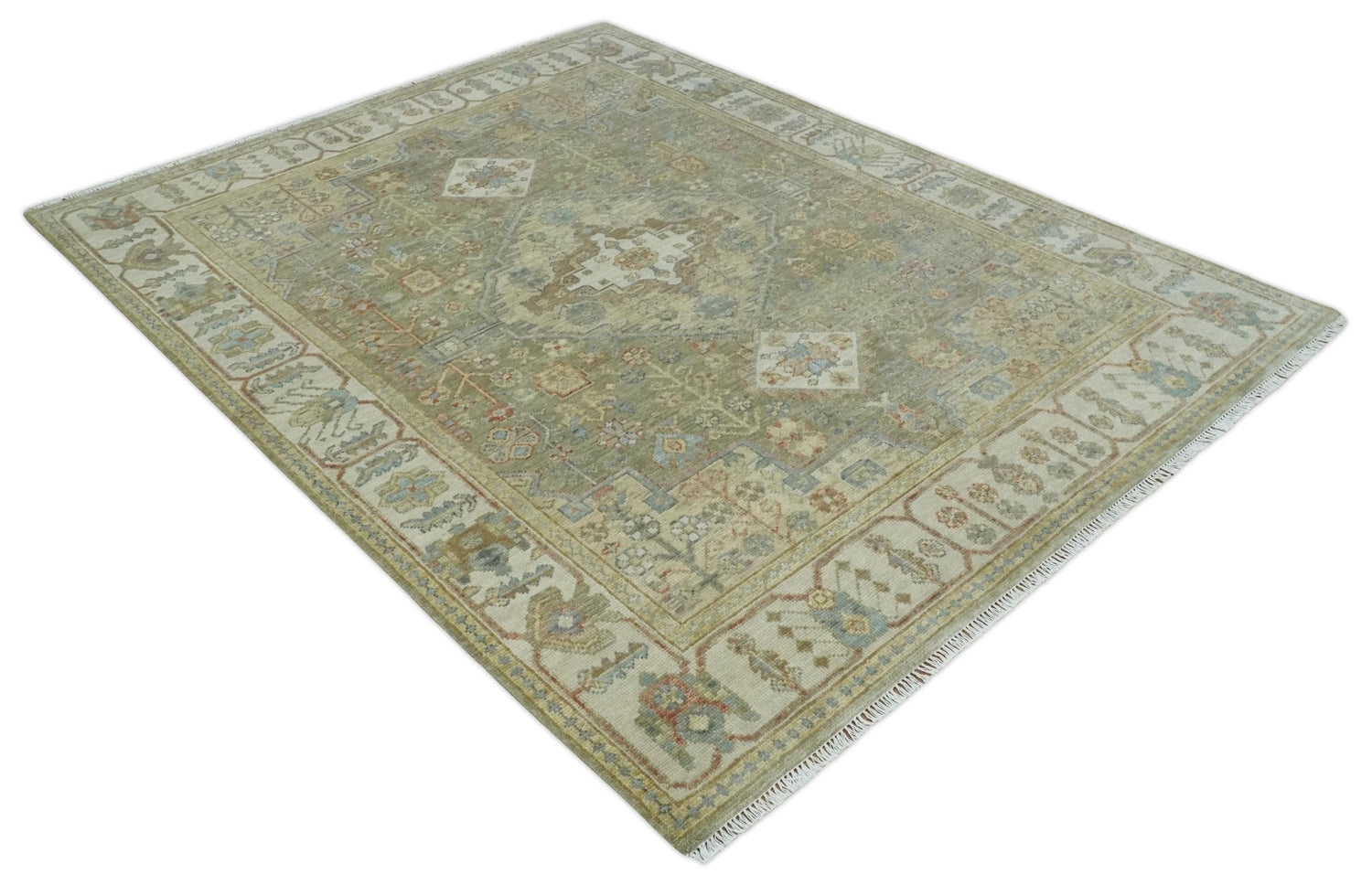 Antique Look Hand Knotted Medallion Olive and Ivory Vintage Style Wool Rug