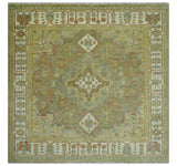 Antique Look Hand Knotted Medallion Olive and Ivory Vintage Style Wool Rug