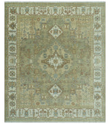 Antique Look Hand Knotted Medallion Olive and Ivory Vintage Style Wool Rug