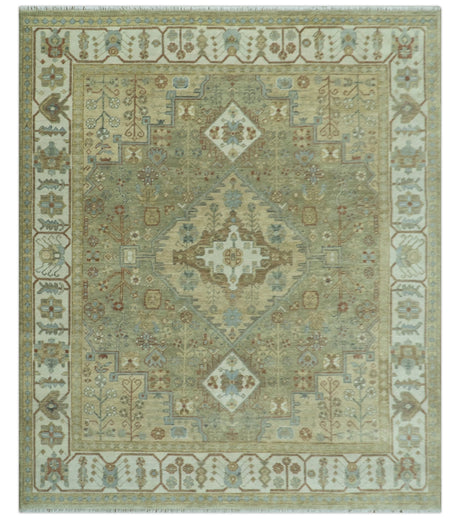 Antique Look Hand Knotted Medallion Olive and Ivory Vintage Style Wool Rug