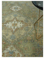Antique Look Hand Knotted Medallion Olive and Ivory Vintage Style Wool Rug