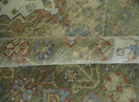 Antique Look Hand Knotted Medallion Olive and Ivory Vintage Style Wool Rug