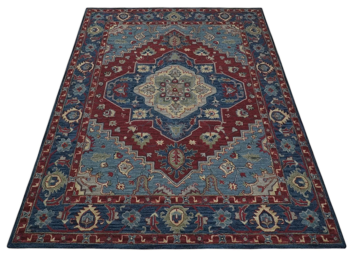 Antique look Maroon and Blue Hand Tufted Traditional Medallion wool Area Rug