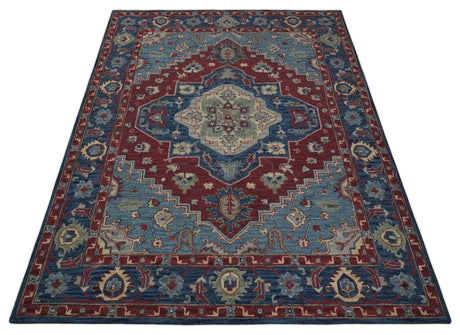 Antique look Maroon and Blue Hand Tufted Traditional Medallion wool Area Rug