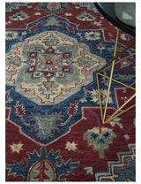 Antique look Maroon and Blue Hand Tufted Traditional Medallion wool Area Rug