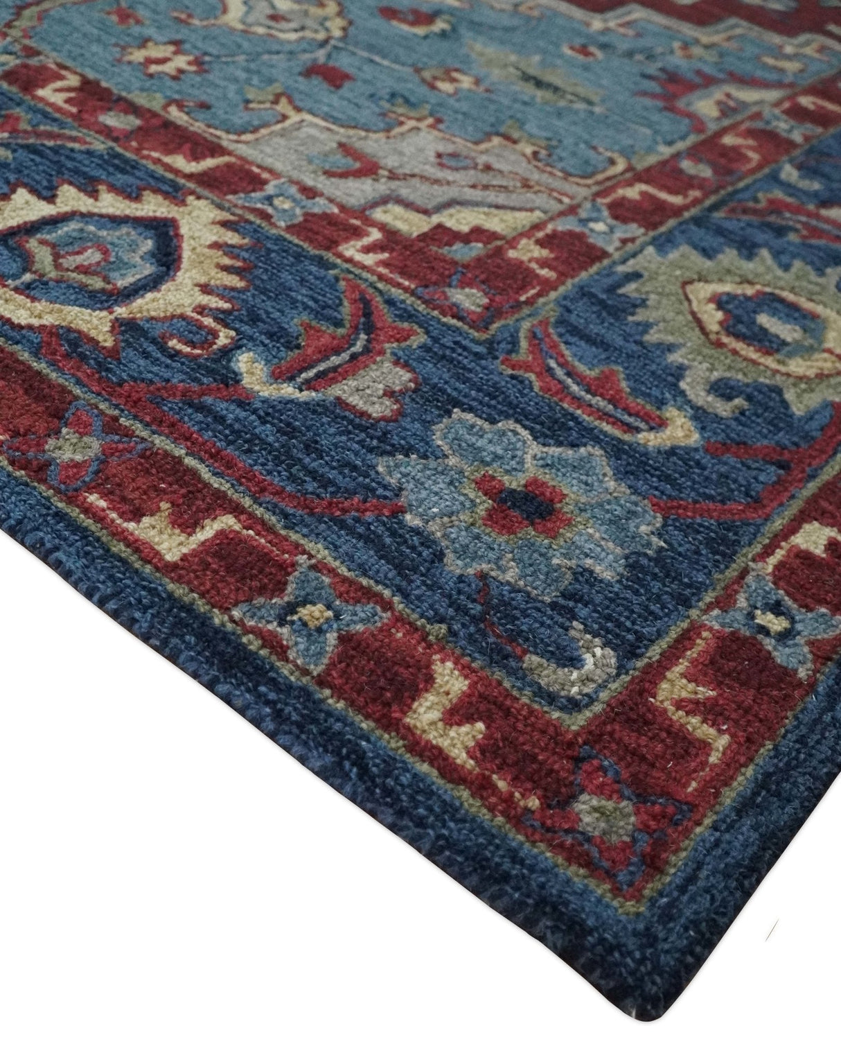 Antique look Maroon and Blue Hand Tufted Traditional Medallion wool Area Rug